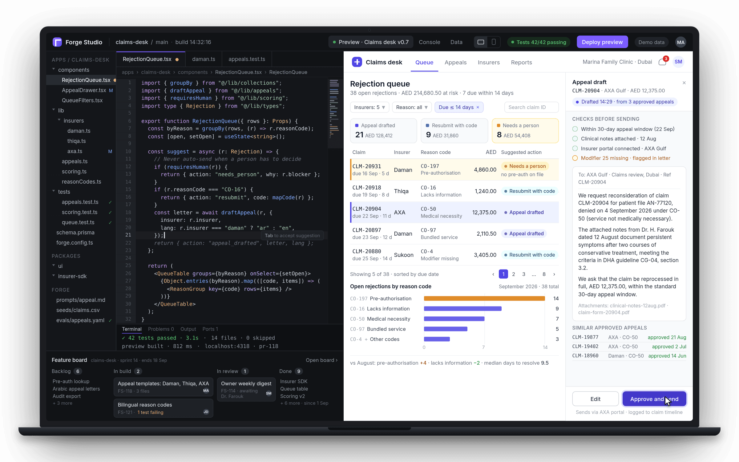 Custom AI build in progress: code editor with tests passing, the clinic rejection queue app it powers running beside it, and the feature board with what is in review
