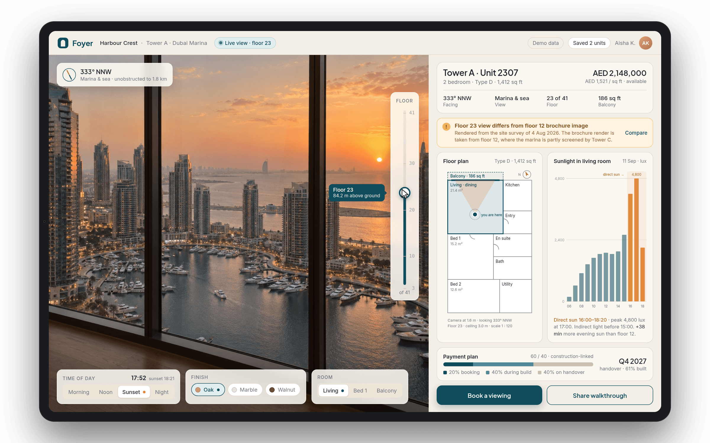 Off-plan apartment walkthrough on a tablet: the real view from floor 23 at sunset, a floor slider, time-of-day and finish switches, floor plan, sunlight chart and payment plan